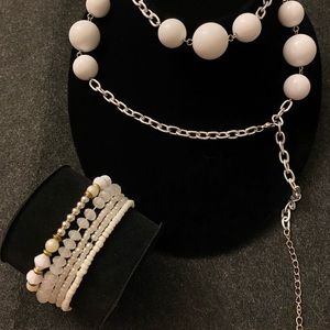 White beaded necklace and bracelets jewelry set